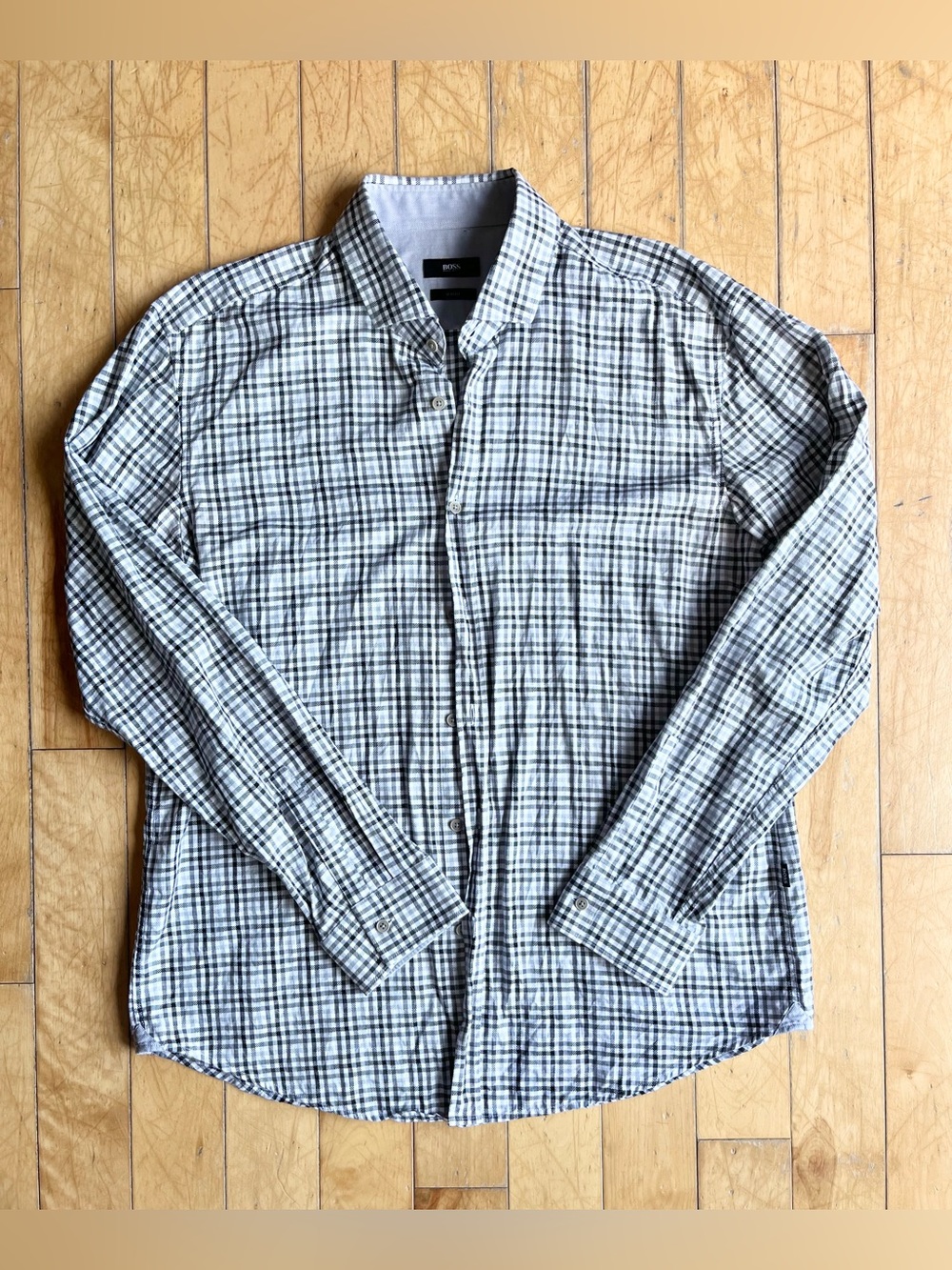 Hugo Boss Slim Fit Black & White Plaid Button-Up Dress Shirt Size 2XL